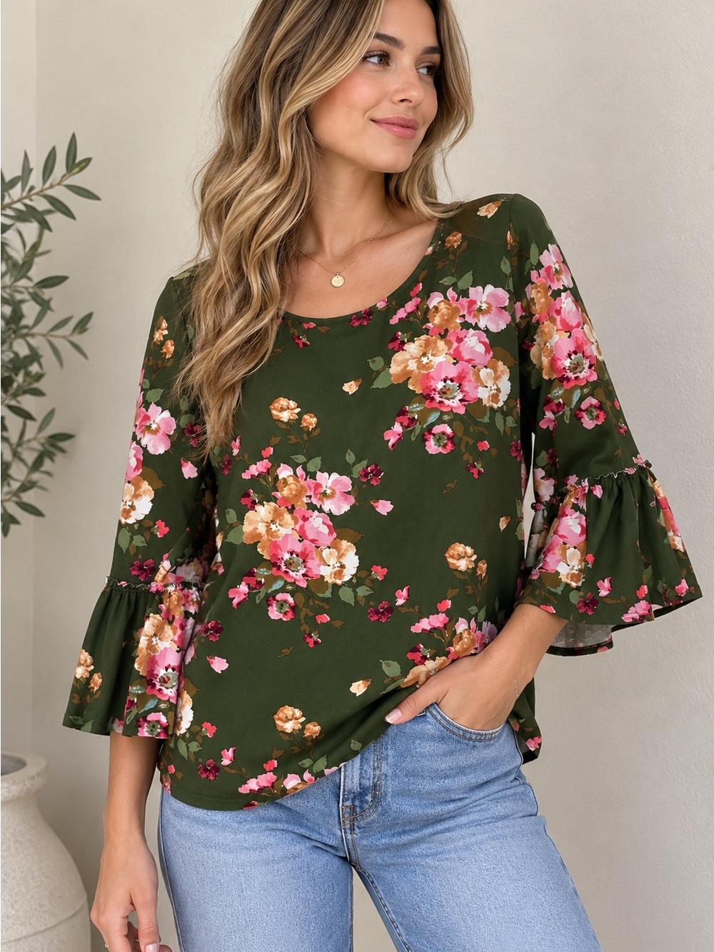 B07. Nine Britton Olive Green Floral Bell Sleeve Blouse